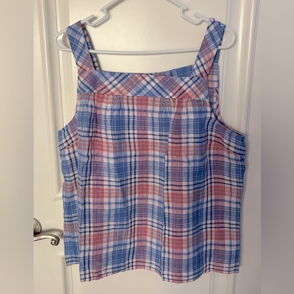 Talbots Petite Linen Square Neck Paradise Plaid Top